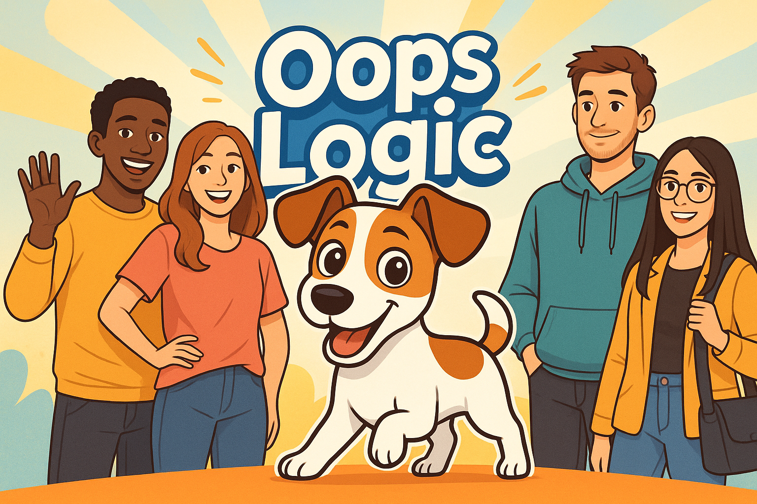 Create a hero image for Oops Logic make it a cartoon image of a dog with a tan spot on her back and tan tips on her floppy ears the and a small spot on her head all white dog that looks like a jack Russell terrier make the image look fun and create a few other cartoon characters more realistic though kinds young adult like